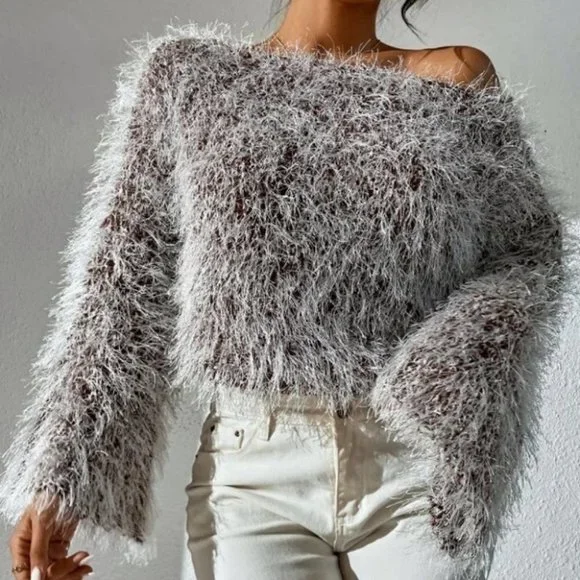 fluffy knit Off Shoulder Trumpet Sleeve Sweater Top Brown - Picture 7 of 9